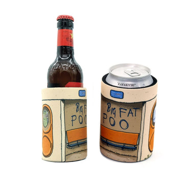 Two stubby holders pictured, each printed with a bus shelter illustration by Trevor Dickinson. There is a bottle inside one stubby and a can inside the other.