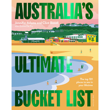 'Australia's Ultimate Bucket List' book cover featuring an illustration of a beach with houses and buildings in the background.
