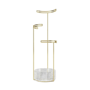 A brass jewellery stand with three levels and a silver mesh base.