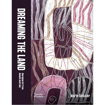 'Dreaming the Land' book cover featuring Aboriginal art  in purple, white and black.