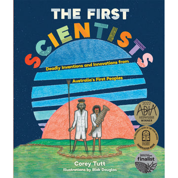 'The First Scientists' book cover featuring an illustration of two men holding wooden objects and standing in front of an orange semi circle and blue striped circle.