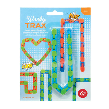 A fidget toy made up of 24 tracks is enclosed in plastic packaging on an information card. The card has examples of how the track can be bent into different shapes including a heart.