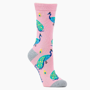 Side view of a pink sock printed with peacocks and a grey heel and toe.