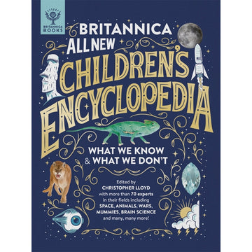'Britannica All New Childrens Encyclopedia' book cover featuring a dark blue background with illustrations of animals, plants, and a space rocket.