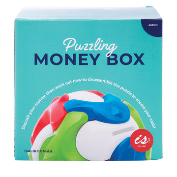 A blue cube box with the heading 'Puzzling Money Box' and an image of a puzzle in the shape of a sphere with different coloured pieces.