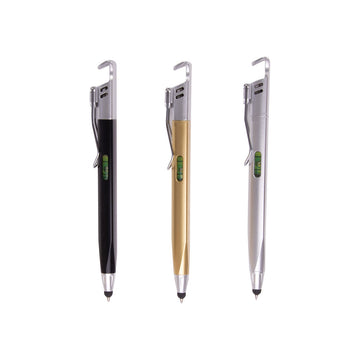 One black, one gold and one silver pen are lined in next to each other. They each have a level inside them.