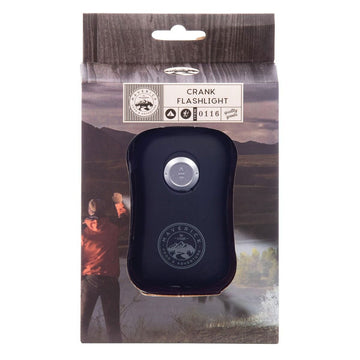 A black rectangle shaped flashlight inside packaging. There is a photo of a man using the flashlight on the box.