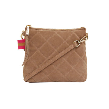 Front view of a quilted fawn suede square bag with a matching cross body strap diagonally over the bag.