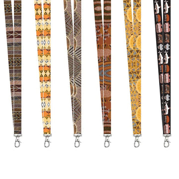 Six lanyards each printed with different artwork from the Munupi Arts community.