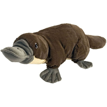 A soft toy in the shape of a platypus on a white background.
