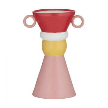 A tall vase in a triangular shape with two round handles on either side and made from red, white, yellow and pink porcelain. 