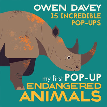 'My First Pop Up Endangered Animals' book cover featuring an illustration of a rhino against a teal green background.