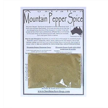An information card with a clear plastic packet of mountain pepper inside.
