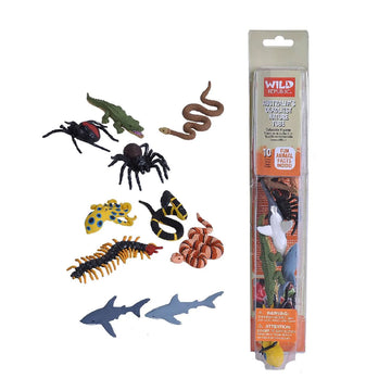 A clear tube filled with little animal toys including a shark, red back spider and a crocodile. There is product information and the title 'Australia's Deadliest Nature Tube'.