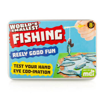 A small tin with the title 'World's Smallest Fishing' and an image of a hang holding a mini fishing rod with a fish on the end.