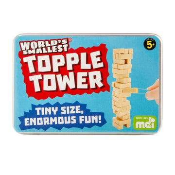 A small tin with the title 'World's Smallest Topple Tower' and a photo of a tower of wooden bricks and a brick in the middle being pulled out.