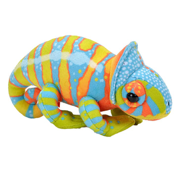 A soft toy in the shape of a chameleon in blue, green and orange.