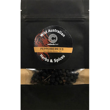 A black packet with the name 'Wild Australian Herbs & Spices Pepperberries'. There is a small cut out in the bag showing the pepperberries inside.