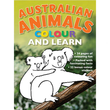 'Australian Animals Colour and Learn' activity book cover featuring a black and white koala on a branch ready to be coloured in.