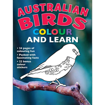 'Australian Birds Colour and Learn' activity book cover featuring a black and white bird on a branch ready to be coloured in.