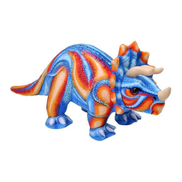 A soft toy in the shape of a triceratops printed in blue and orange.