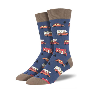 A pair of mens socks in dark blue with a brown cuff, heel and toe and printed with illustrations of cars and campervans.