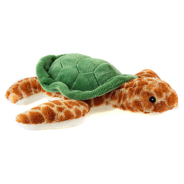 A soft toy of an orange turtle with a green shell against a white background.
