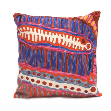Woven woollen, zippered cushion cover 40cm x 40cm, stitched onto cotton base. Artwork by Murdie Morris. Two long oval shape, large strokes. Pink, orange, blue, grey, ochre, white.
