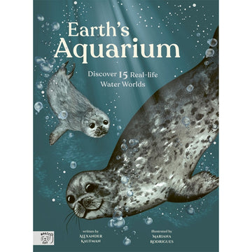 'Earth's Aquarium' book cover featuring an illustration of two seals swimming underwater.
