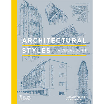 'Architectural Styles' book cover featuring size line drawings in the background in blue of different style buildings. There is a yellow stripe on the left side of the cover.