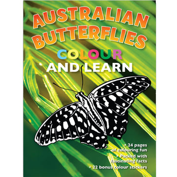 'Australian Butterflies Colour and Learn' activity book cover featuring a black and white butterfly ready to be coloured in on a leaf.
