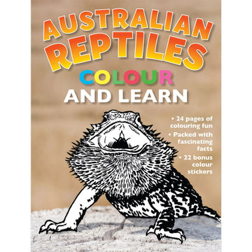 'Australian Reptiles Colour and Learn' activity book cover featuring a black and white lizard ready to be coloured in.