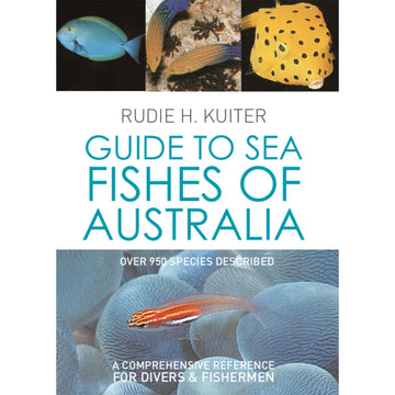 'Guide to the Sea Fishes of Australia' book cover featuring three small square photos of fish at the top and one long photo of a fish at the bottom with the title in the middle.