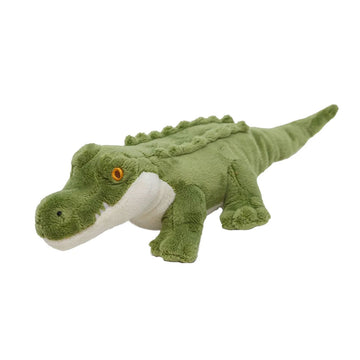 A soft toy in the shape of a green and cream crocodile.