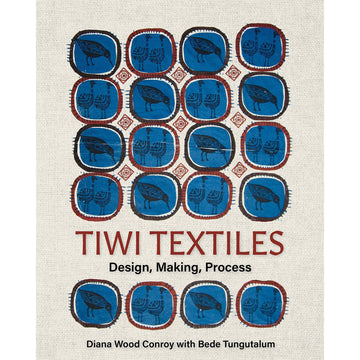 'Tiwi Textiles Design, Making, Process' book cover featuring brown squares with rounded corners in a grid and each with a stamped image of a bird in black on a blue background.