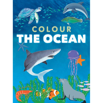 'Colour the Ocean' book cover featuring an illustration of sea creatures underwater including a shark, dolphin and turtle.
