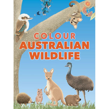 'Colour Australian Wildlife' book cover featuring an illustration of Australian animals including a kangaroo, emu and echidna.