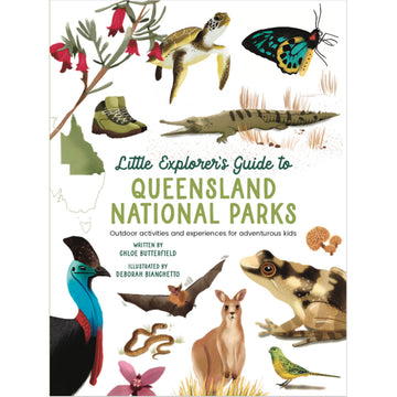 'Little Explorer's Guide to Queensland National Parks' book cover featuring illustrations of animals surrounding the title in the middle.