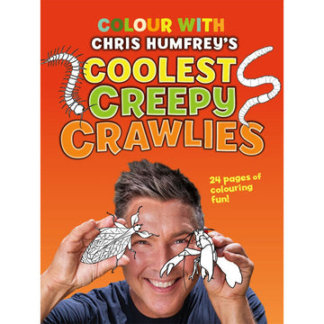 'Coolest Creepy Crawlies' book cover featuring a photo of Chris Humfrey holding two hand drawn bugs ready to be coloured in.