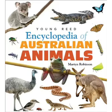 'Encyclopedia of Australian Animals' book cover featuring photos of different animals including a frog, kangaroo and emu.
