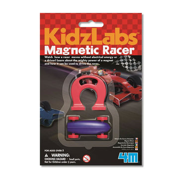 Packaging of 'Magnetic Racer' featuring a toy car with a magnetic pull wrapped in plastic on card. There is a photo of a red car on the card.