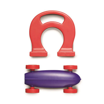 Packaging of 'Magnetic Racer' featuring a toy car with a magnetic pull wrapped in plastic on card. There is a photo of a red car on the card.