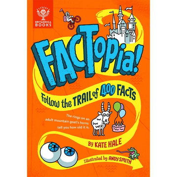 'Factopia' book cover featuring a long yellow ribbon with an arrow on the end. There are illustrations along the ribbon including a castle, a goat celebrating a birthday with cake and eye balls.