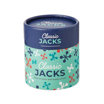 A round container with a dark blue lid and blue green bottom. Both pieces have the title 'Classic Jacks' and the bottom has illustrations of Jacks in different colours.