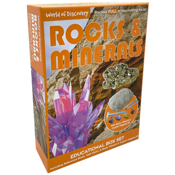 An orange box titled 'Rocks & Minerals' with a photo of a purple crystal and a sparkly rock and images of the tools and rocks inside.