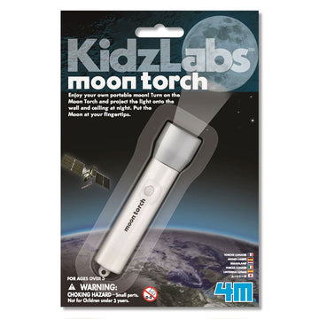 A torch packaged inside plastic on card. There are photos of the moon, Earth and a satellite on the card with product information.