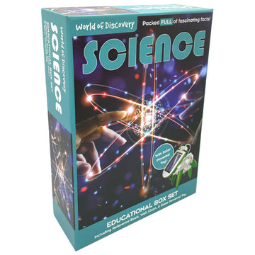 A teal blue box with the title 'Science' and a photo of an atom and of a solar powered toy inside.