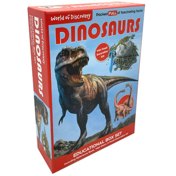 A red box with the title 'Dinosaurs' and an image of a T rex and the fossil excavation kit inside.