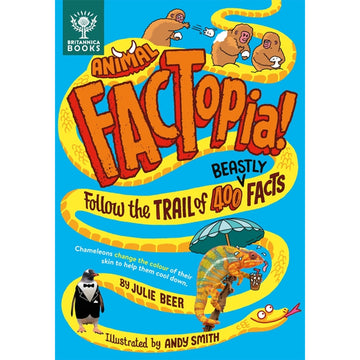 'Animal Factopia! Follow the Trail of 400 Beastly Facts' book cover featuring an illustrated yellow snake with illustrations of different animals on the snake.