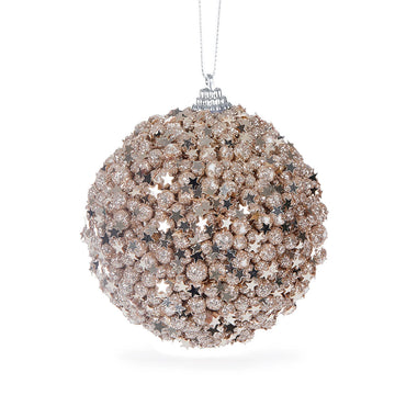A bauble made up of small champagne glitter beads and metallic silver stars.